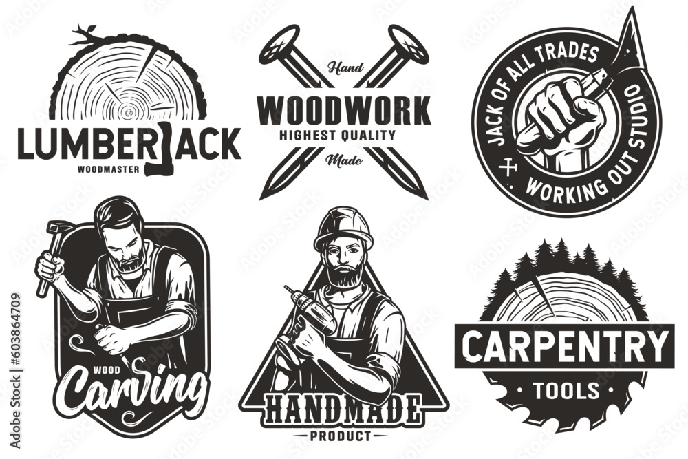 Set of logos for carpentry or wood carving or sawing. Collection of designs for woodworker, carpenter, joiner, timber, lumberjack and craftsman for workshop, woodworking, sawmill and woodwork - obrazy, fototapety, plakaty 