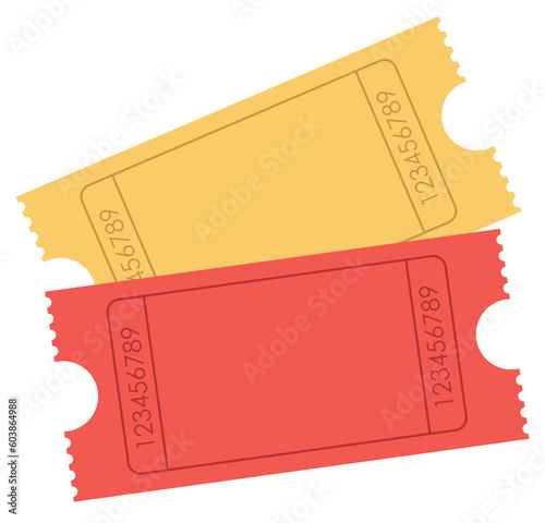 Vector illustration of ticket icon in flat style. Retro ticket isolated on a white background. Pair of yellow and red ticket icons.