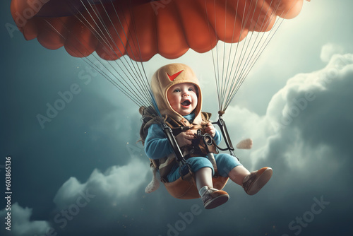cute baby skydiving with the parachute deployed