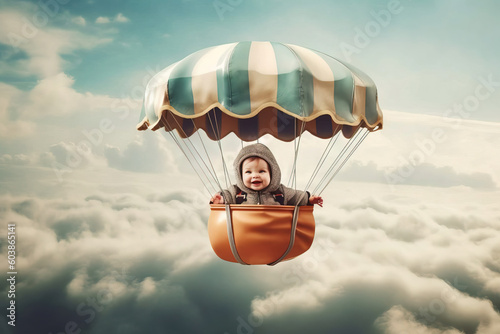 cute baby on a hot air balloin over the clouds