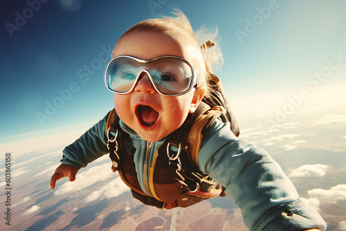 Canvas Print cute baby smiling skydiving over the clouds