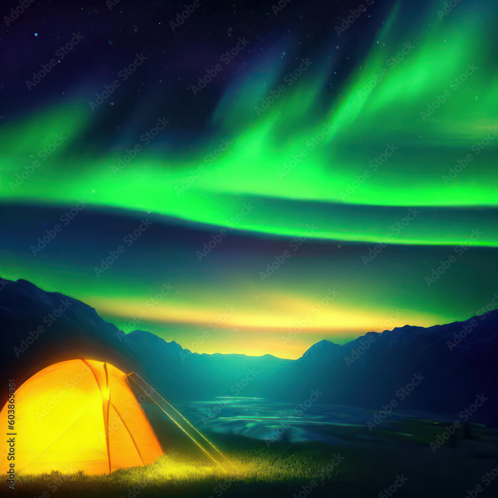 Glowing camping tent under a beautiful sprawling green northern lights aurora, travel adventure landscape, generative ai