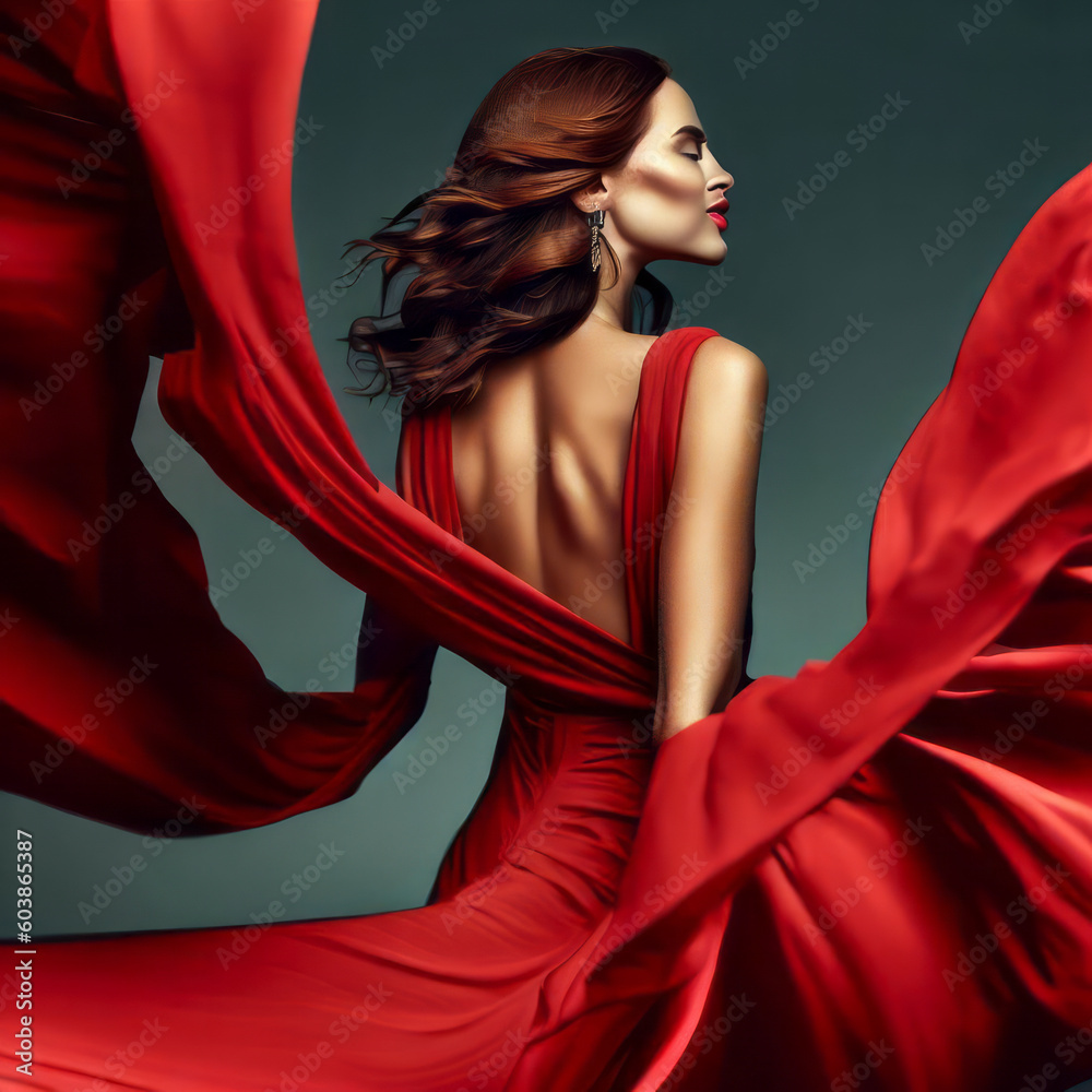 Stunning woman a beautiful red dress, fashion model waving flying