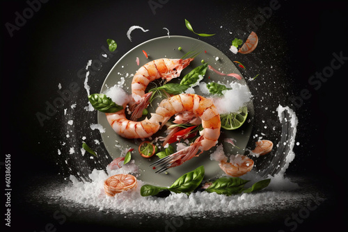 Shrimp salad, levitation. Nice shrimp salad. Generative AI.
