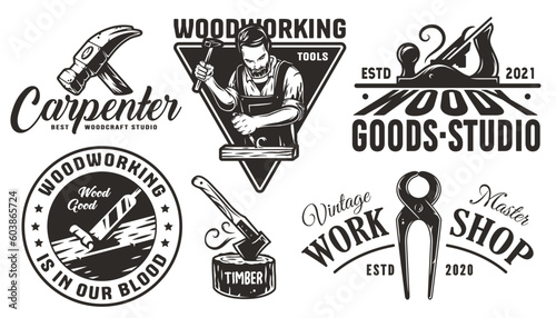 Set of logos for carpentry or wood carving or sawing. Collection of designs for woodworker, carpenter, joiner, timber, lumberjack and craftsman for workshop, woodworking, sawmill and woodwork