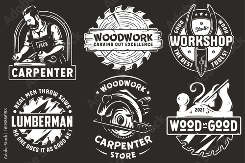 Wooden set of emblems or logos for carpentry or wood carving or sawing. Woody collection of designs for woodworker, carpenter, joiner, timber, lumberjack for workshop, woodworking, sawmill, woodwork