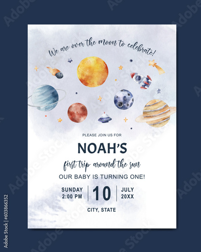Birthday invitation card with space theme background template for baby girl and baby boy