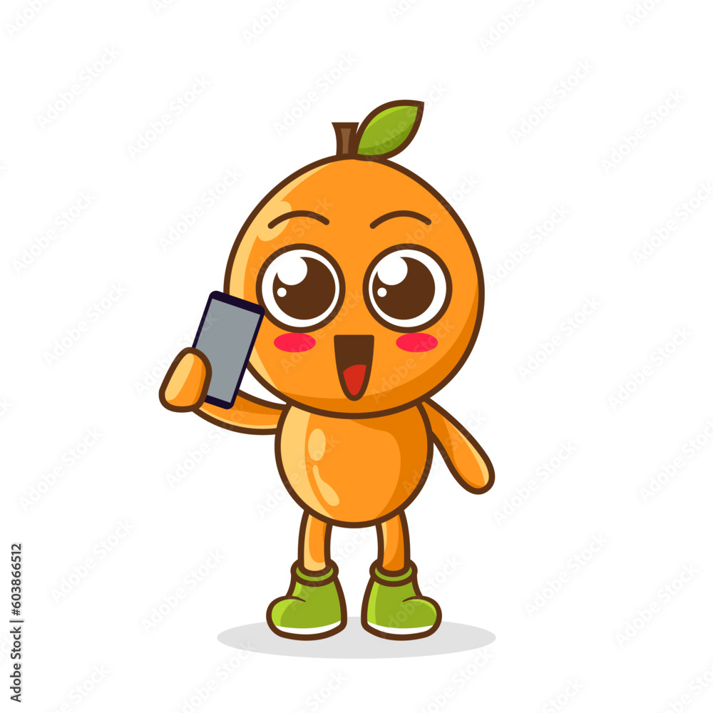 Orange fruit cartoon character holding a smartphone