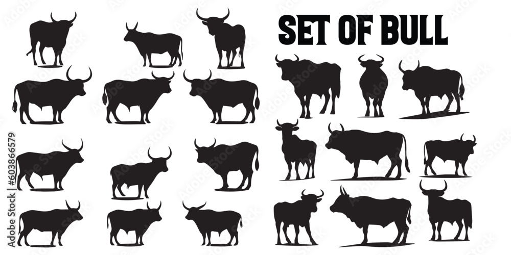 Obraz premium A set of cattle cows silhouette vector illustrations.