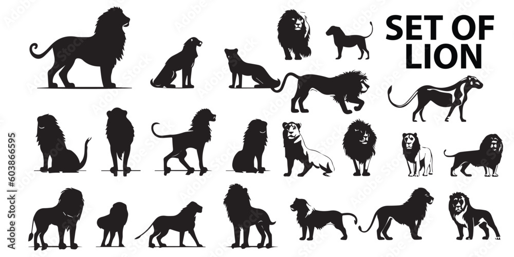 A group of lion silhouettes vector design.