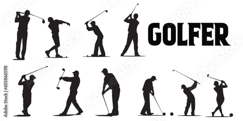A black and white illustration of golf players' silhouette vector set.