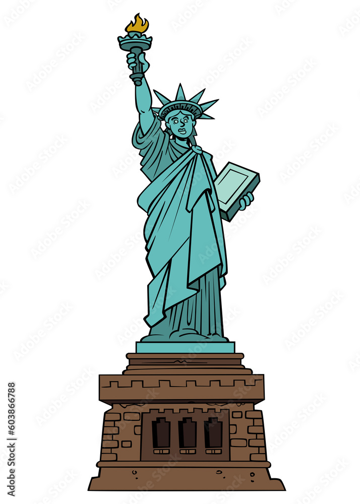 Obraz premium cartoon statue of liberty on transparent background isolated on pedestal drawing humor stock png