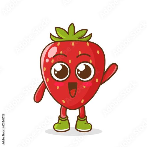 A happy strawberry waving its hands. Cute funny strawberry fruit waving hand character