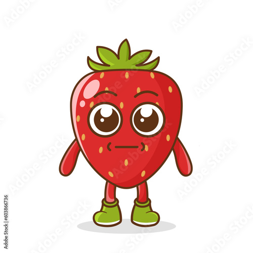 a picture of strawberry fruit with a flat expression. No words straight face strawberry fruit emoji. Vector flat design emoticon icon isolated on white background.