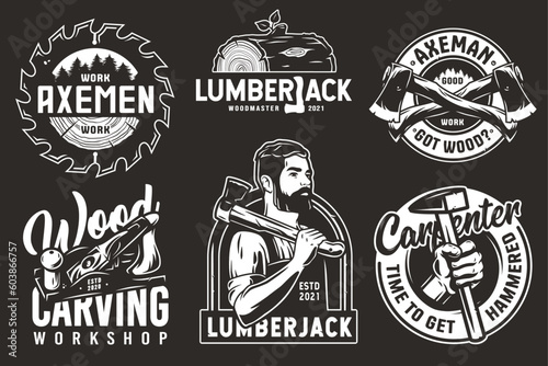 Set of logos for carpentry or wood carving or sawing. Collection of designs for woodworker, carpenter, joiner, timber, lumberjack and craftsman for workshop, woodworking, sawmill and woodwork