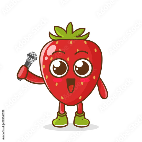 Cute cartoon strawberry fruit singer character holding mic
