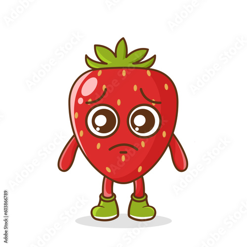 Cute sad strawberry fruit character, strawberry character with sad emotion, face, depressive eyes