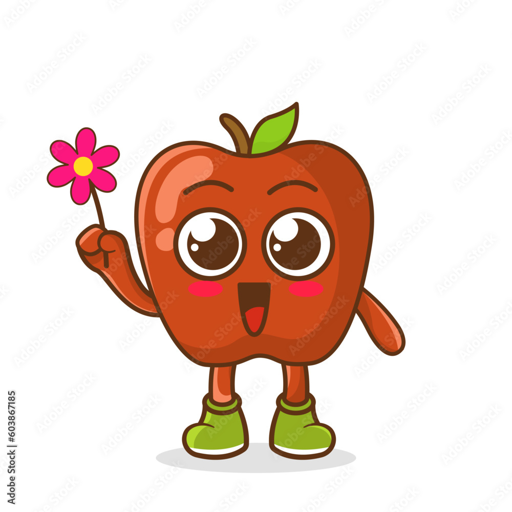 Cute cartoon apple fruit character holding flower