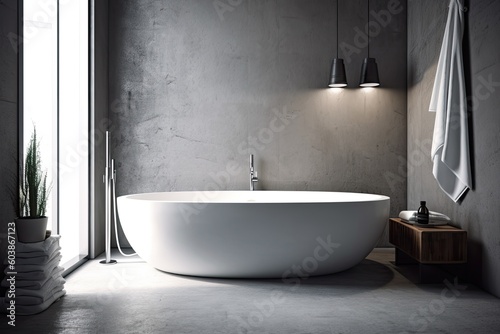 Modern white bathtub fixtures against a gritty concrete backdrop. Concept for a bathroom in a loft or minimalistic design. Generative AI