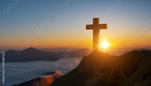 Leinwand Poster Silhouettes of Christian cross symbol on top mountain at sunrise sky background