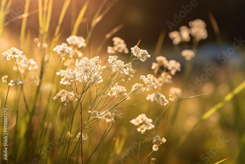 small white flowers in the grass blowing in the morning wind made with Generative AI
