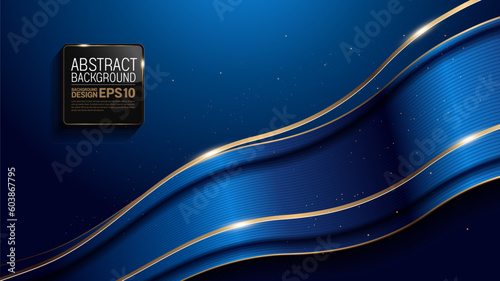 gold curve line on blue luxury background, image abstract, overlap layer shadow gradients space composition, for banner, template design