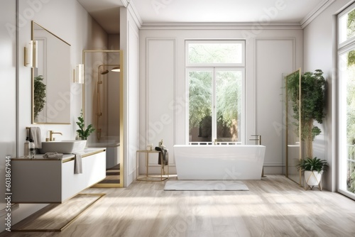 Modern white bathroom interior with a wooden floor and gold accents. in front. Generative AI