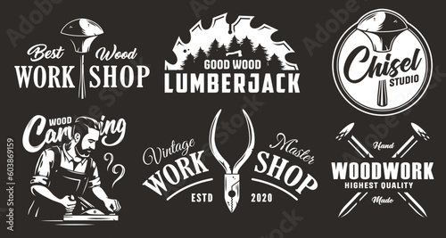 Set of logos for carpentry or wood carving or sawing. Collection of designs for woodworker, carpenter, joiner, timber, lumberjack and craftsman for workshop, woodworking, sawmill and woodwork