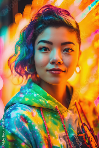 Asian young woman. Colorful gen z girl portrait. Generative AI