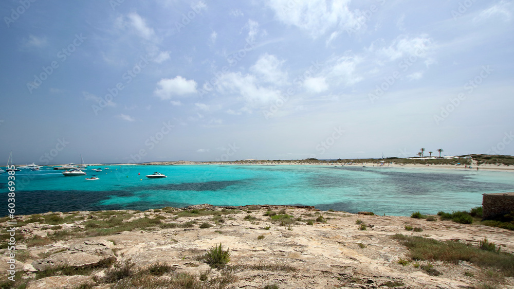 Main view of Ses Illetes beach, on of the most amazing and iconic spots of Formentera Island, Spain.