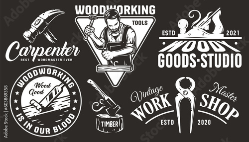 Wooden set of emblems or logos for carpentry or wood carving or sawing. Woody collection of designs for woodworker, carpenter, joiner, timber, lumberjack for workshop, woodworking, sawmill, woodwork