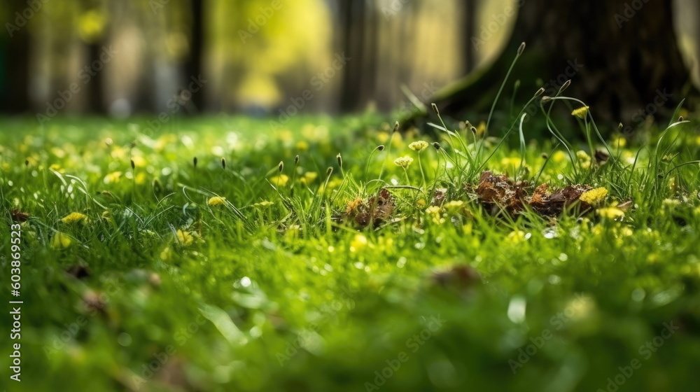 green garden grass in spring, springtime in the background and tree leaves green garden grass in spring, springtime in the background and tree leaves