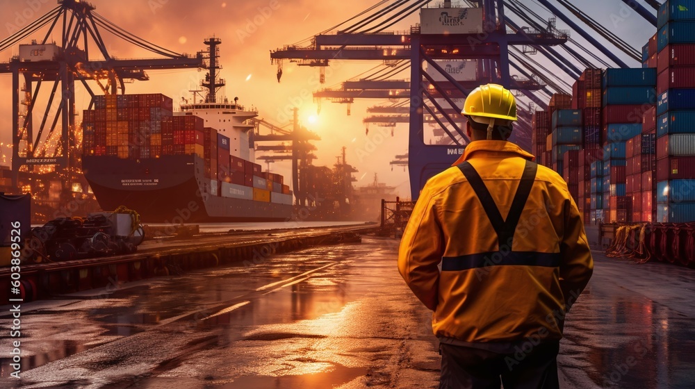 Man wearing a safety jacket, gazing out at a bustling industrial port. Showcases of towering cranes, bustling cargo ships, and rows of colorful shipping containers. Generated by generative AI Man wearing a safety jacket, gazing out at a bustling industrial port. Showcases of towering cranes, bustling cargo ships, and rows of colorful shipping containers. Generated by generative AI
