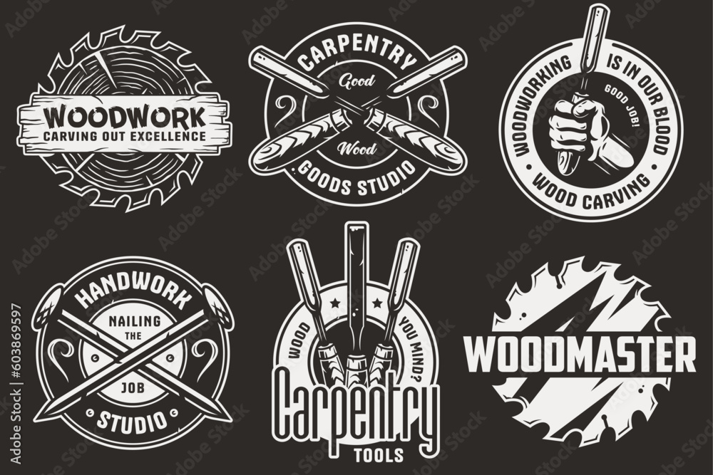 Fototapeta premium Set of logos for carpentry or wood carving or sawing. Collection of designs for woodworker, carpenter, joiner, timber, lumberjack and craftsman for workshop, woodworking, sawmill and woodwork