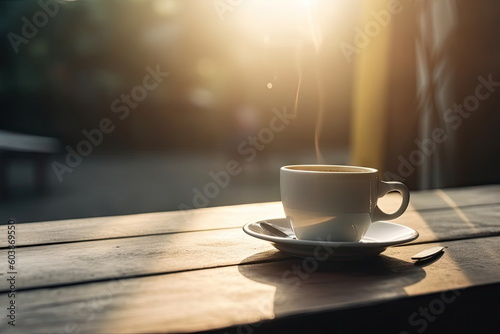 Hot coffee cup on table, camping time