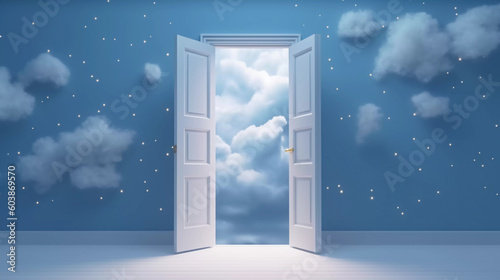 3d abstract blue background with door, ladder and white clouds flying out. Dream metaphor, modern minimal concept, Generative AI