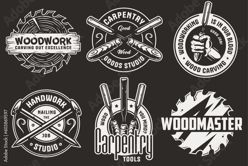 Set of logos for carpentry or wood carving or sawing. Collection of designs for woodworker, carpenter, joiner, timber, lumberjack and craftsman for workshop, woodworking, sawmill and woodwork