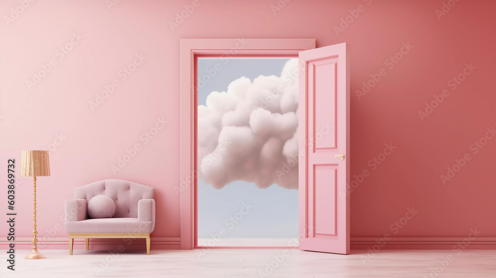 3d abstract pink background with door, ladder and white clouds flying out. Dream metaphor, modern minimal concept, Generative AI