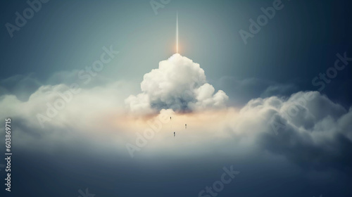 3d abstract yellow background with door, ladder and white clouds flying out. Dream metaphor, modern minimal concept, Generative AI