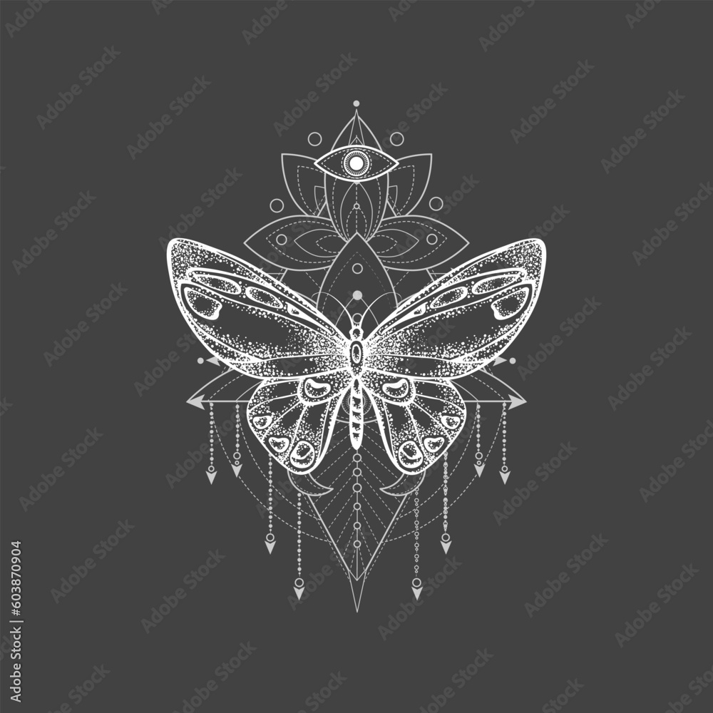 Vector illustration with hand drawn butterfly and Sacred geometric symbol on black background. Abstract mystic sign. Vector illustration with hand drawn butterfly and Sacred geometric symbol on black background. Abstract mystic sign.