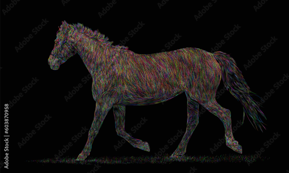 Multicolored vector illustration of a young beautiful horse with a bridle on his head galloping through the grass on a black background. Animal, freedom and energy concept. Isolated image, EPS 10
