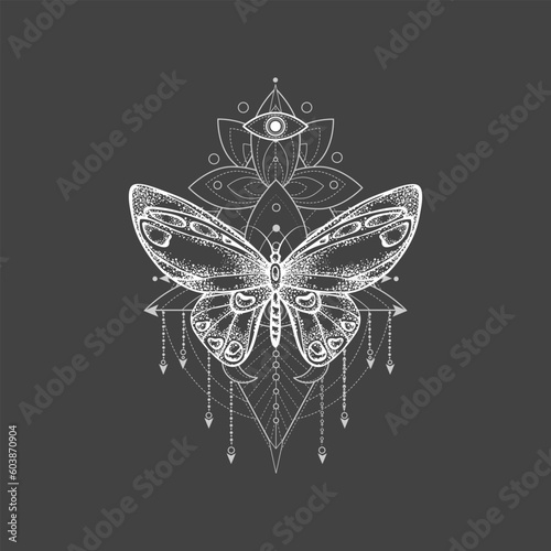 Vector illustration with hand drawn butterfly and Sacred geometric symbol on black background. Abstract mystic sign. 