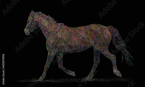 Multicolored vector illustration of a young beautiful horse with a bridle on his head galloping through the grass on a black background. Animal, freedom and energy concept. Isolated image, EPS 10