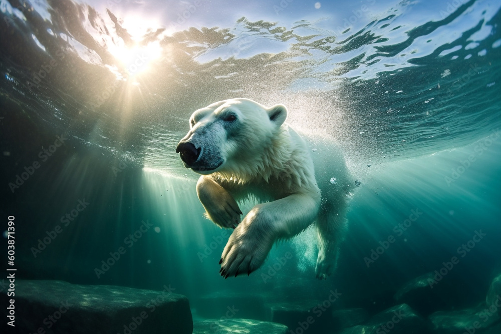 Polar bear in a melting iceberg, global warming effects, environment