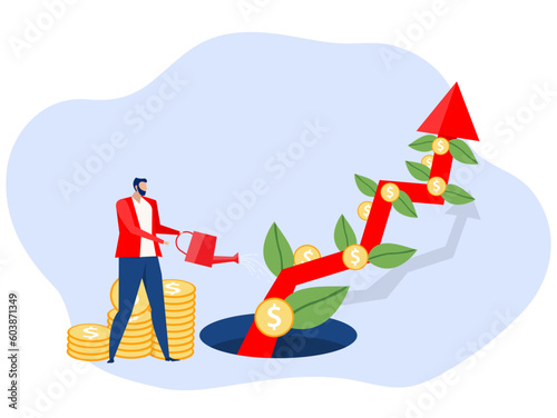 businessman watering small plants and yielding a big tree money coin tree. Financial growth concept. Vector illustration