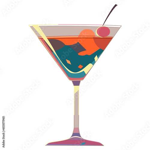 Cocktail in martini glass with maraschino cherry. Vector illustration in flat technique 