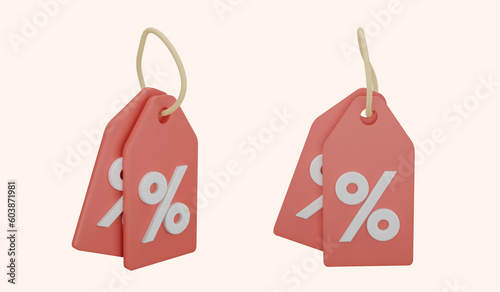 Discount tags isolated on a white pink background. 3d rendering.