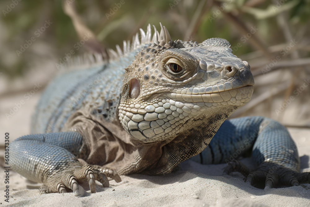 Image of an iguana on the sand. Reptile. Wildlife Animals. Illustration. Generative AI. Image of an iguana on the sand. Reptile. Wildlife Animals. Illustration. Generative AI.
