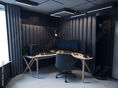 3d interior design of studio multimedia office, elegant, modern and classy design, generative AI