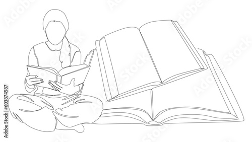 One continuous line of Book with girl reading. Thin Line Illustration vector education concept. Contour Drawing Creative ideas.
